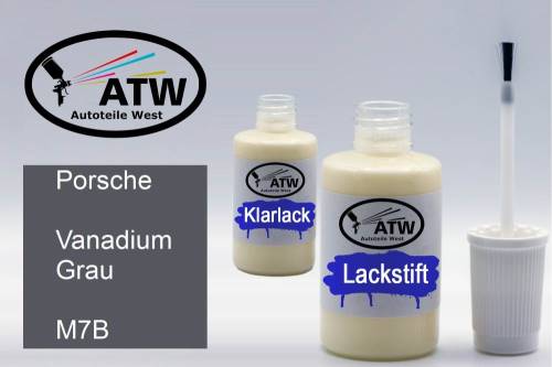 Porsche, Vanadium Grau, M7B: 20ml Lackstift + 20ml Klarlack - Set, von ATW Autoteile West.